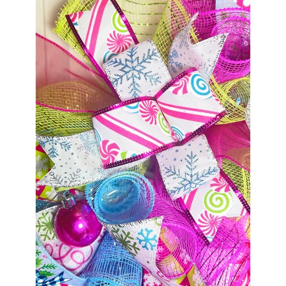 Handmade Bright Merry Christmas Holiday Ribbon Door Wreath 22 ins W52 Pink Blue - Picture 9 of 13